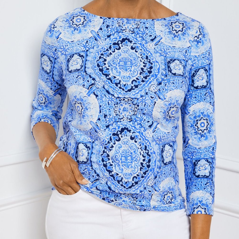 Talbots Bateau Neck Tee Plus 2X Brushstroke Medallion India Ink Multi 3/4 Sleeve